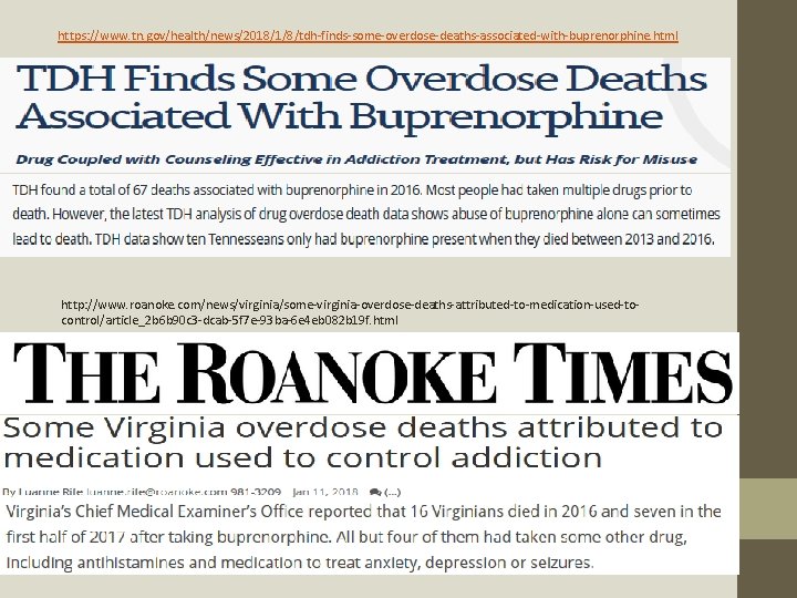 https: //www. tn. gov/health/news/2018/1/8/tdh-finds-some-overdose-deaths-associated-with-buprenorphine. html http: //www. roanoke. com/news/virginia/some-virginia-overdose-deaths-attributed-to-medication-used-tocontrol/article_2 b 6 b 90 c