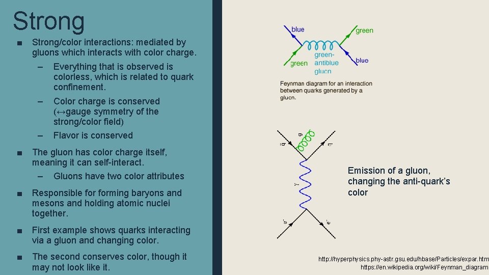 Strong ■ ■ Strong/color interactions: mediated by gluons which interacts with color charge. –