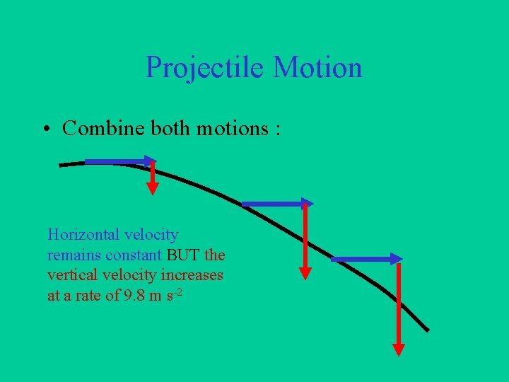 Projectile Motion • Combine both motions : Horizontal velocity remains constant BUT the vertical