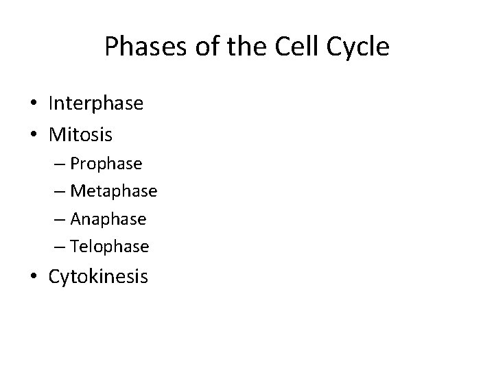 Phases of the Cell Cycle • Interphase • Mitosis – Prophase – Metaphase –