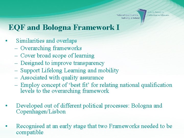 EQF and Bologna Framework I • Similarities and overlaps – Overarching frameworks – Cover