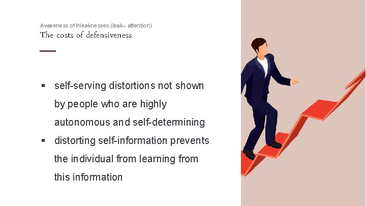 Awareness of Weaknesses (leak– attention) The costs of defensiveness § self-serving distortions not shown