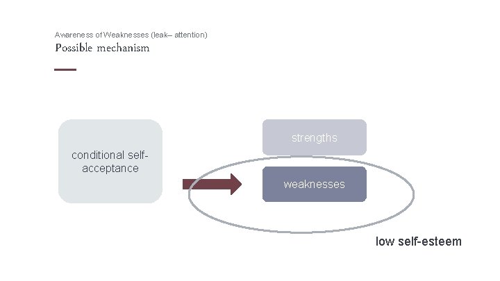 Awareness of Weaknesses (leak– attention) Possible mechanism strengths conditional selfacceptance weaknesses low self-esteem 