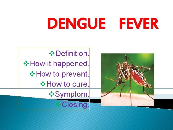 DENGUE FEVER v. Definition. v. How it happened. v. How to prevent. v. How