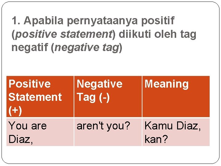 1. Apabila pernyataanya positif (positive statement) diikuti oleh tag negatif (negative tag) Positive Statement