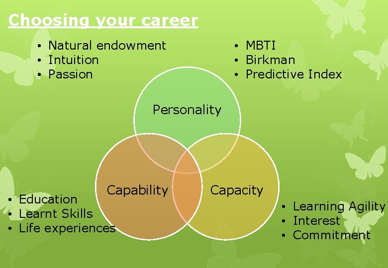 Choosing your career • Natural endowment • Intuition • Passion • MBTI • Birkman