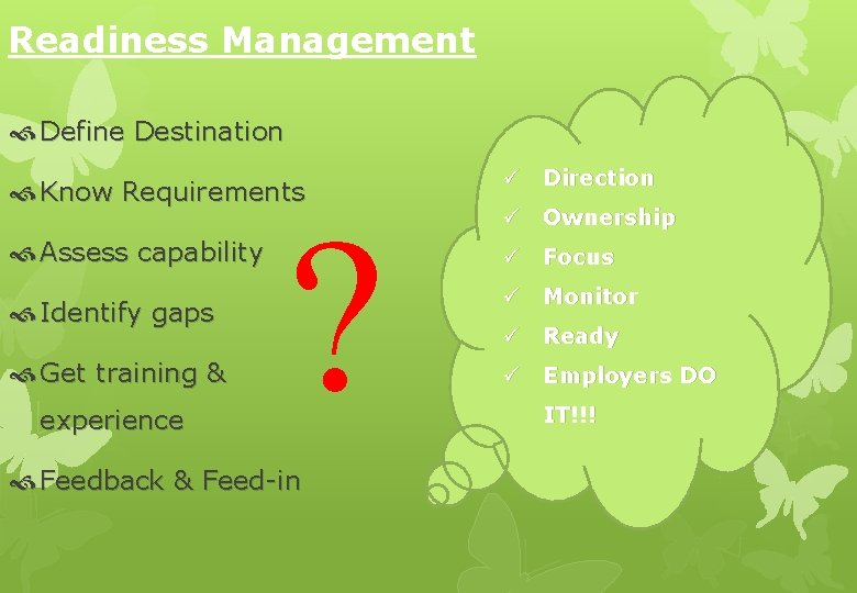 Readiness Management Define Destination Know Requirements Assess capability Identify gaps Get training & experience
