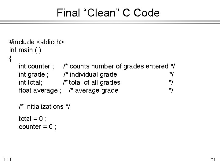 Final “Clean” C Code #include <stdio. h> int main ( ) { int counter