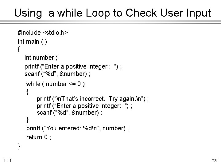 Using a while Loop to Check User Input #include <stdio. h> int main (