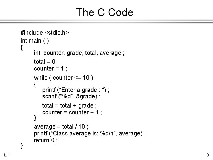 The C Code #include <stdio. h> int main ( ) { int counter, grade,