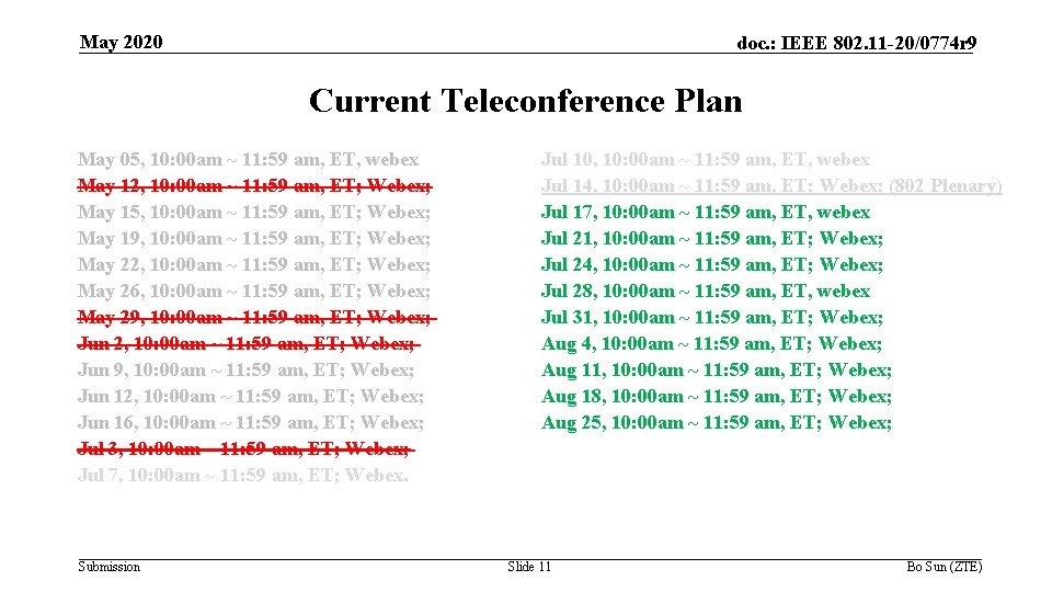 May 2020 doc. : IEEE 802. 11 -20/0774 r 9 Current Teleconference Plan May