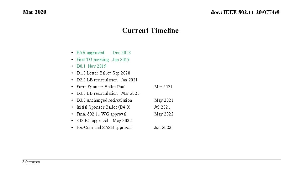 Mar 2020 doc. : IEEE 802. 11 -20/0774 r 9 Current Timeline • •