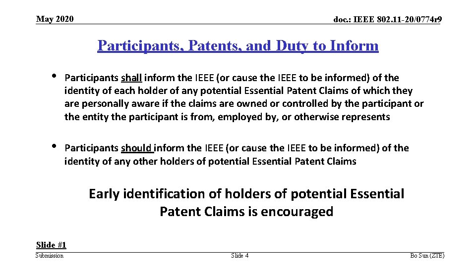 May 2020 doc. : IEEE 802. 11 -20/0774 r 9 Participants, Patents, and Duty