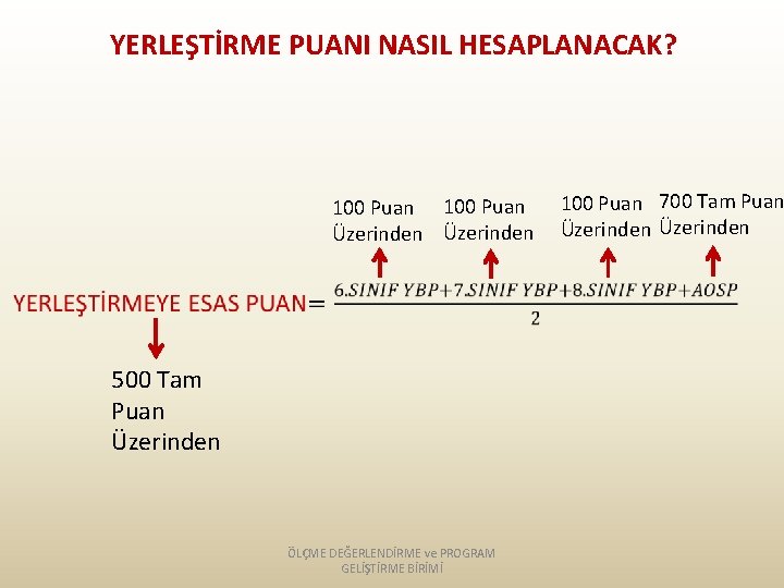 YERLEŞTİRME PUANI NASIL HESAPLANACAK? 100 Puan Üzerinden 500 Tam Puan Üzerinden ÖLÇME DEĞERLENDİRME ve