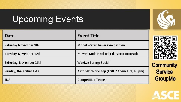 Upcoming Events Date Event Title Saturday November 9 th Model Water Tower Competition Tuesday,