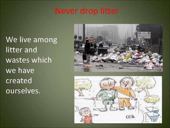 Never drop litter We live among litter and wastes which we have created ourselves.