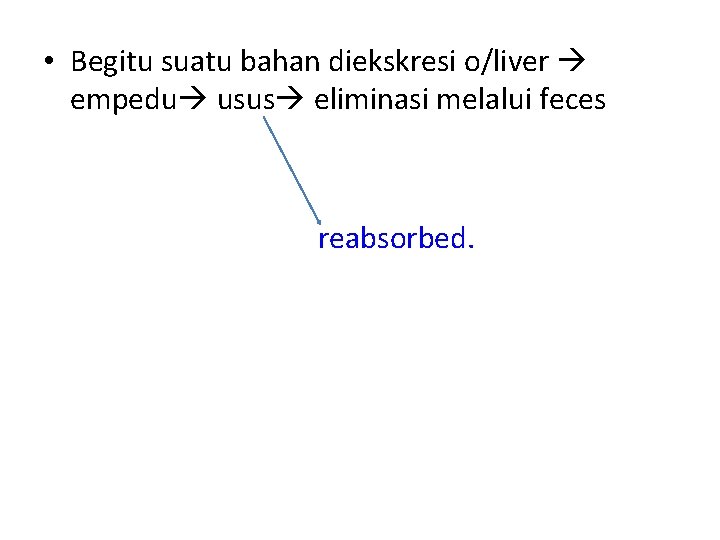  • Begitu suatu bahan diekskresi o/liver empedu usus eliminasi melalui feces reabsorbed. 