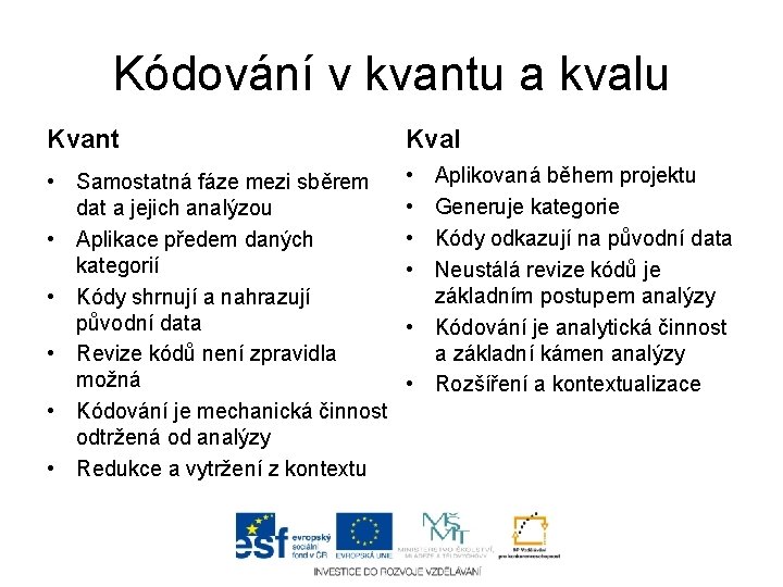 Kódování v kvantu a kvalu Kvant Kval • Samostatná fáze mezi sběrem dat a