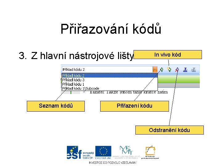 Přiřazování kódů 3. Z hlavní nástrojové lišty Seznam kódů In vivo kód Přiřazení kódu