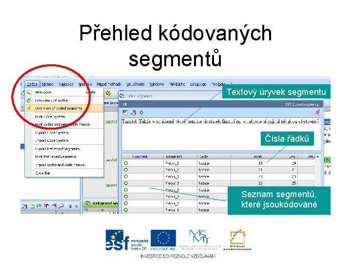 Přehled kódovaných segmentů Textový úryvek segmentu Čísla řádků Seznam segmentů, které jsoukódováné 