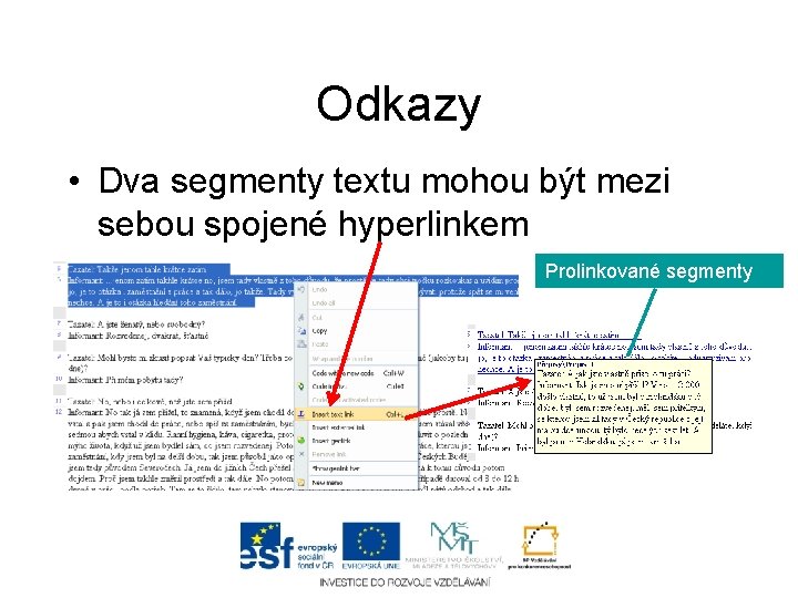 Odkazy • Dva segmenty textu mohou být mezi sebou spojené hyperlinkem Prolinkované segmenty 