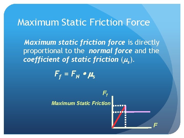 Maximum Static Friction Force Maximum static friction force is directly proportional to the normal