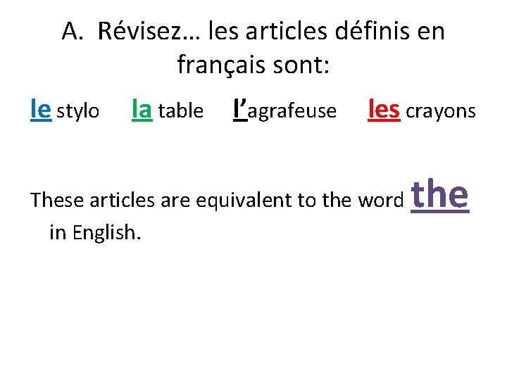 A. Révisez… les articles définis en français sont: le stylo la table l’agrafeuse les