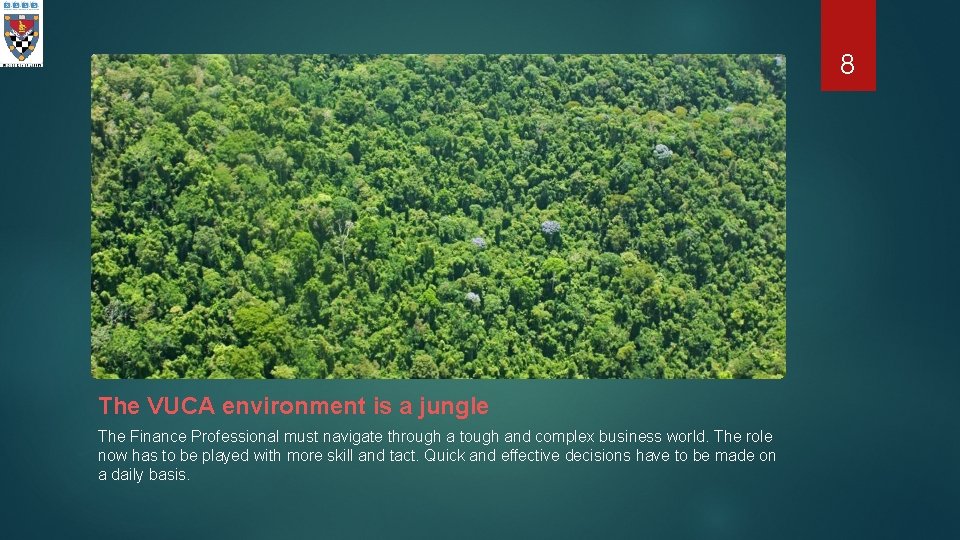 8 The VUCA environment is a jungle The Finance Professional must navigate through a