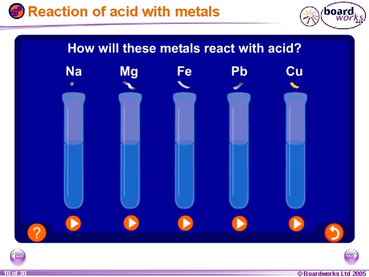 Reaction of acid with metals 1 10 ofof 20 30 © Boardworks Ltd 2005