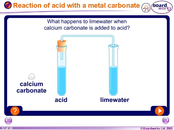 Reaction of acid with a metal carbonate 1 12 ofof 20 30 © Boardworks