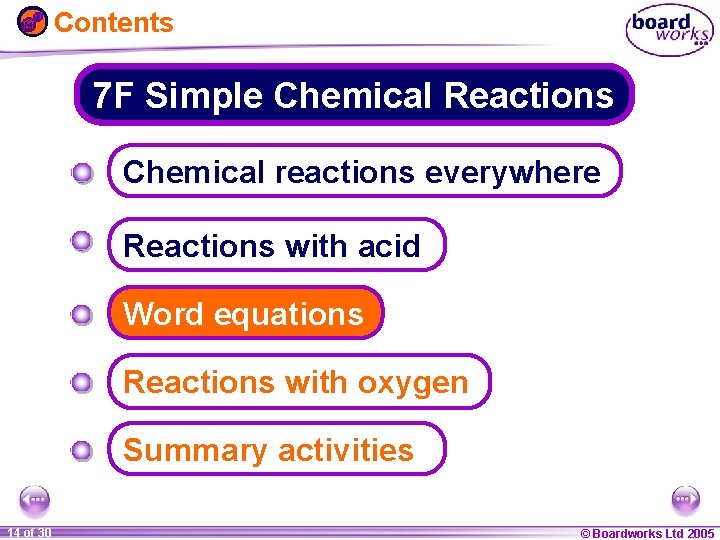 Contents 7 F Simple Chemical Reactions Chemical reactions everywhere Reactions with acid Word equations