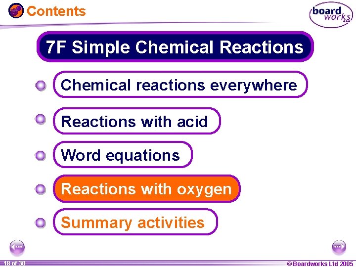 Contents 7 F Simple Chemical Reactions Chemical reactions everywhere Reactions with acid Word equations