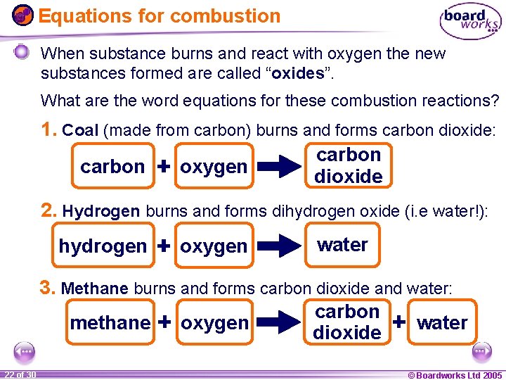 Equations for combustion When substance burns and react with oxygen the new substances formed