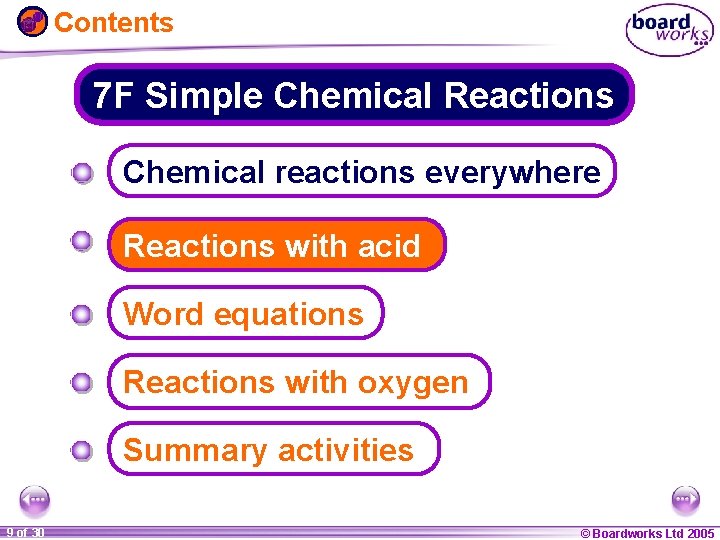 Contents 7 F Simple Chemical Reactions Chemical reactions everywhere Reactions with acid Word equations