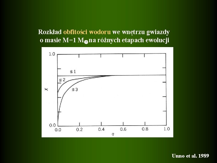 Rozkład obfitości wodoru we wnętrzu gwiazdy o masie M=1 M na różnych etapach ewolucji