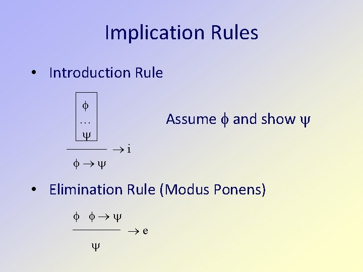 Implication Rules • Introduction Rule … Assume and show i • Elimination Rule (Modus