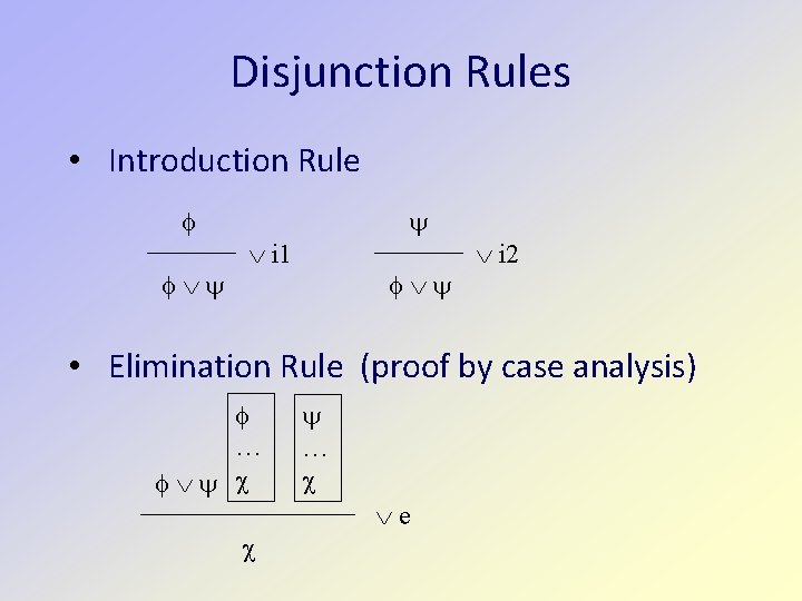 Disjunction Rules • Introduction Rule i 1 i 2 • Elimination Rule (proof by