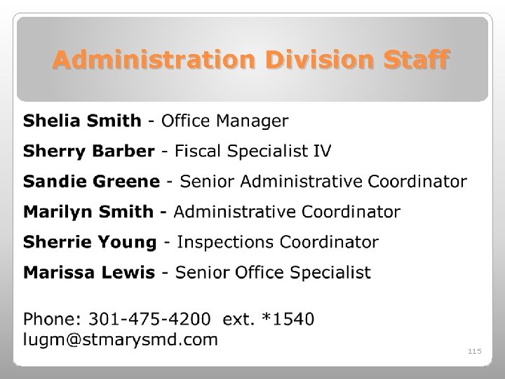 Administration Division Staff 115 