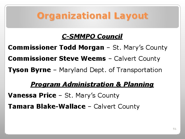 Organizational Layout C-SMMPO Council Commissioner Todd Morgan – St. Mary’s County Commissioner Steve Weems