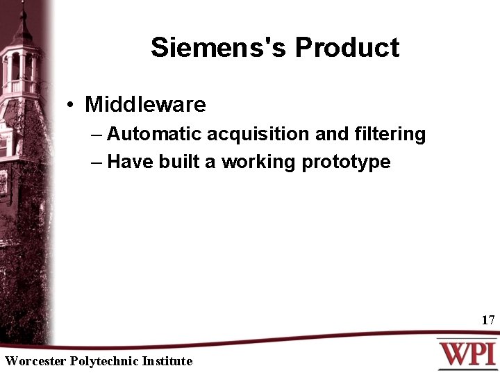 Siemens's Product • Middleware – Automatic acquisition and filtering – Have built a working