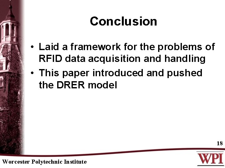 Conclusion • Laid a framework for the problems of RFID data acquisition and handling