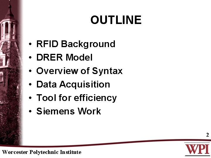 OUTLINE • • • RFID Background DRER Model Overview of Syntax Data Acquisition Tool