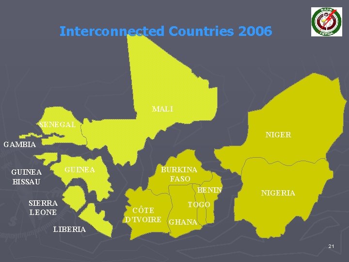 Interconnected Countries 2006 MALI SENEGAL NIGER GAMBIA GUINEA BISSAU SIERRA LEONE LIBERIA BURKINA FASO