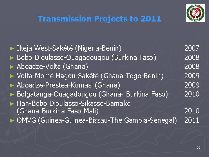 Transmission Projects to 2011 Ikeja West-Sakété (Nigeria-Benin) ► Bobo Dioulasso-Ouagadougou (Burkina Faso) ► Aboadze-Volta