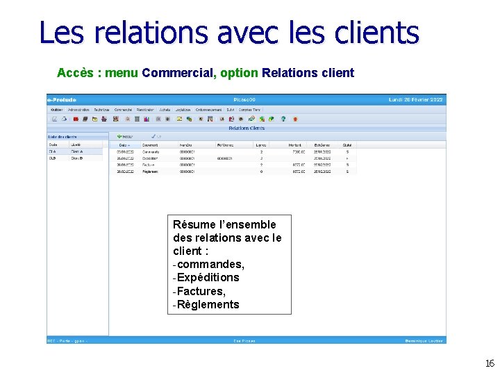 Les relations avec les clients Accès : menu Commercial, option Relations client Résume l’ensemble