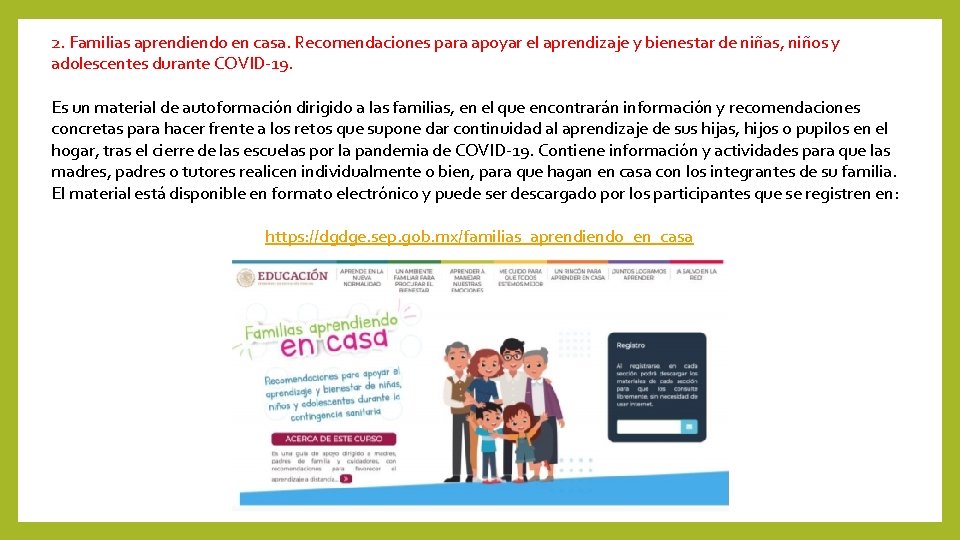 2. Familias aprendiendo en casa. Recomendaciones para apoyar el aprendizaje y bienestar de niñas,