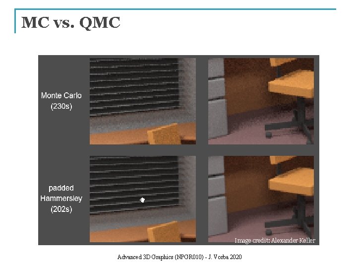 MC vs. QMC Image credit: Alexander Keller Advanced 3 D Graphics (NPGR 010) -