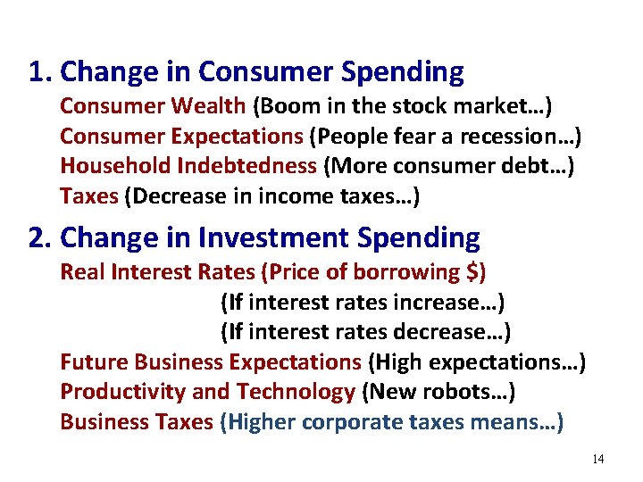 1. Change in Consumer Spending Consumer Wealth (Boom in the stock market…) Consumer Expectations