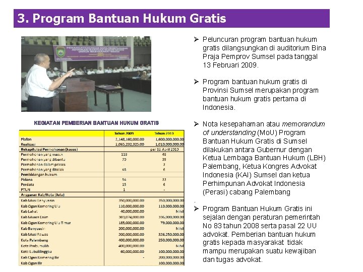 3. Program Bantuan Hukum Gratis Ø Peluncuran program bantuan hukum gratis dilangsungkan di auditorium