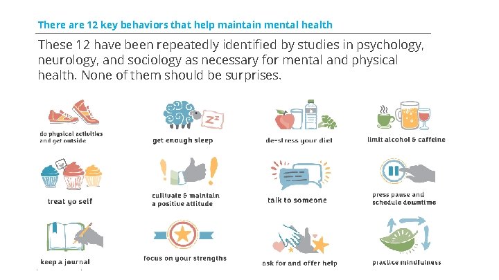 There are 12 key behaviors that help maintain mental health These 12 have been